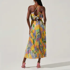 Colorido impreso mujeres Maxi Floral Tie Dye Impresión digital plisado verano camisa vestido personalizado holgado casual vestido ropa de mujer