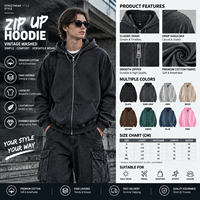 Hoodie Zip Up Stone Wash dengan Sablon, Bahan Katun French Terry, Seri High Street, Hoodie Oversize dengan Efek Cuci Usang