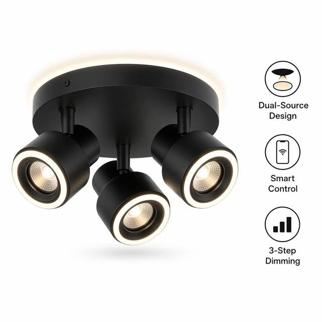 Smart 3-Head Dual-Source LED Spotlight 3-Step Dimming GU10+LED Halo Ring Memory Function Ceiling Surface Mounted for Hotel Home