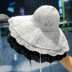 New Fashion Floppy Lace Hat Summer Big Wide Brim Sun White Black Lace Party Wedding Packable Beach Hat