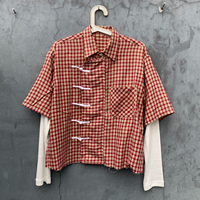 Chemise vintage personnalisée style Shanghai, à carreaux et à motif gaufré, manches doubles, coupe ample et carrée, streetwear, tenue pour homme