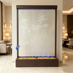 Modern Freestanding Glass Waterfall Screen With Bamboo Design LED <b>Lighting</b> Translucent <b>Panel</b> Indoor Feng Shui Feature - Product Image 1
