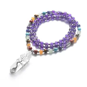 Amatista y 7 Chakra cuentas de <span class=keywords><strong>cristal</strong></span> en bruto prisma Hexagonal Árbol de la vida colgantes Chakra inicial collar de la joyería - Product Image 1