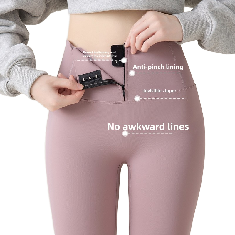 Women Fitness Yoga Pants Full-Length Solid for Wrinkle-Resistant Zipper Fly High-Elastic Tummy-Control Nude-Look Butt-Lifting