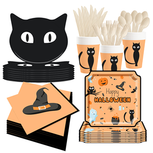DAMAI Halloween <b>Black</b> Cat and Hat Tableware <b>Set</b> and Disposable Paper <b>Dinner</b> Plates Dessert Plates Tableware <b>Sets</b> - Product Image 3