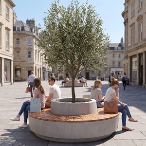 Banc rond d'extérieur avec jardinière intégrée, en béton et bois, pour espace public, jardin ou salon de jardin - Product Image 1