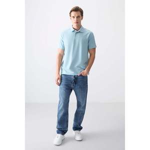 T-shirt basique pour homme en coton bleu clair, épais, doux, texturé, col polo, coupe ample - 88381 - Bleu clair - Product Image 5