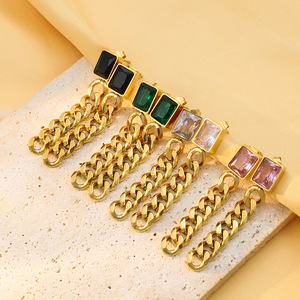 Fashion Stud Earrings Gold Chain Tassel Square Zircon Geometric Design Party Jewelry - Product Image 4