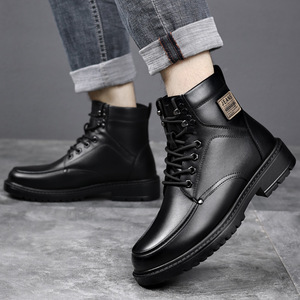 Bottes d'hiver pour hommes en cuir véritable, bout rond, doublure en fourrure, semelle extérieure en caoutchouc antidérapante, bottes de neige - Product Image 3