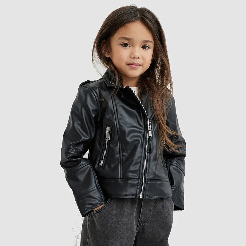 Hot Selling Custom Made Fashionable Unisex Casual Notched Lapel Faux Leather Jacket For Baby Girls