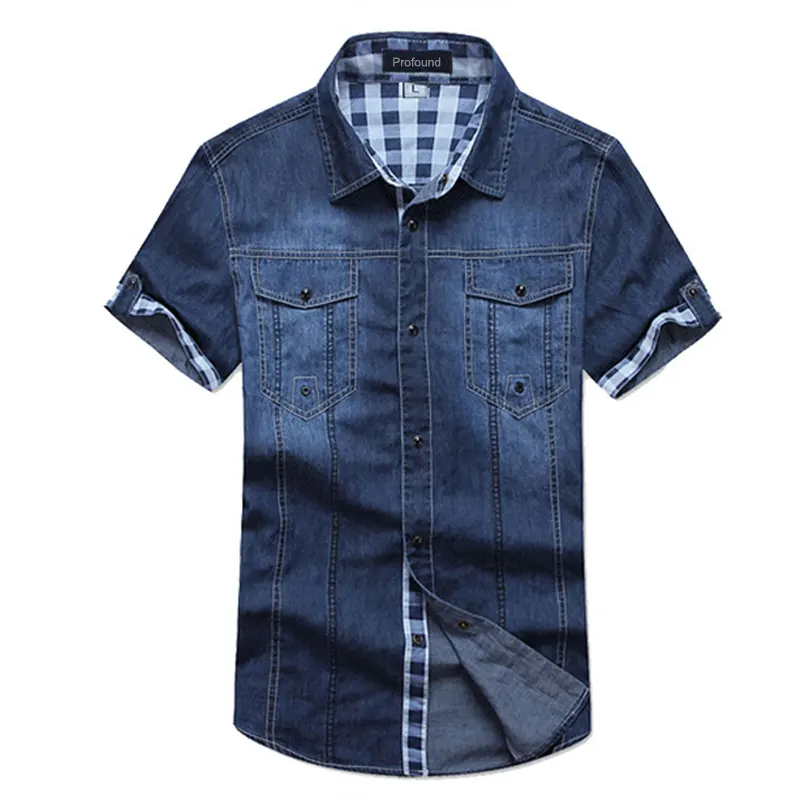 wholesale oem custom deep blue fashion denim shirt design short sleeve man denim jeans shirt