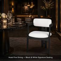 Chaise sans accoudoirs en bois noir avec structure en H, assise et dossier rembourrés en bouclette blanche, pour hôtel, banquet, restaurant