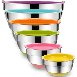 Nova Chegada Colorido antiderrapante Base De Mistura De Aço Inoxidável Bowl Set Nesting Bowl Espelho Polimento Salada Tigelas Com Tampas