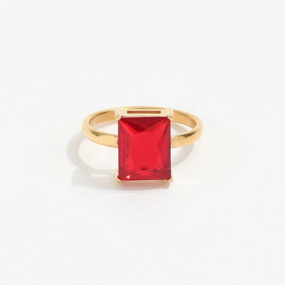 High End 18k Plain Gold Rectangle Red Ruby Garnet Zirconia Statement Rings Stainless Steel Trendy Minimalist Gold Plated Jewelry