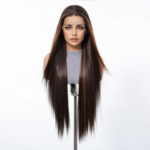 Estilo libre 13*6 HD U Peluca de encaje fibra sintética futura peluca suave Natural larga recta mezclada 180% densidad marrón oscuro Ombre rojo suave - Product Image 2