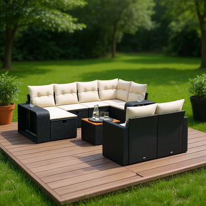 Ensemble de canapés de jardin noirs en rotin PE pour l'extérieur avec coussins en mousse haute densité, design contemporain imperméable - Product Image 2