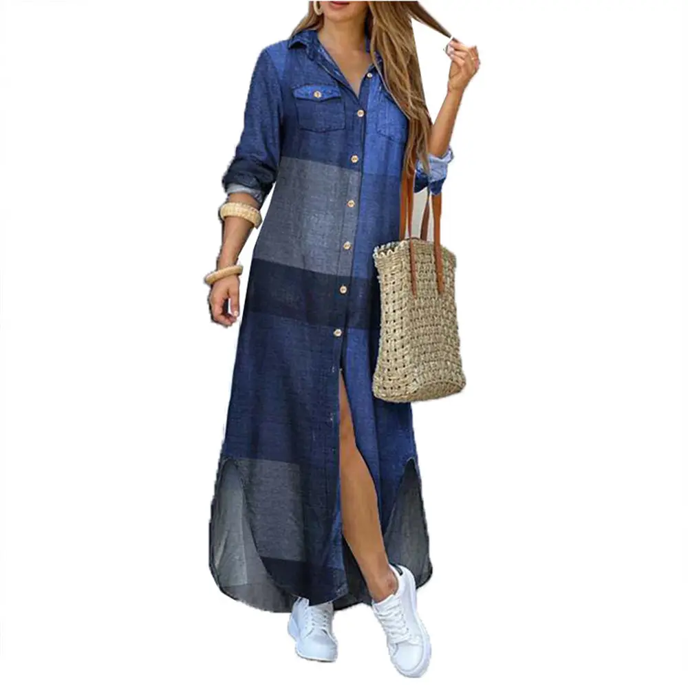 Chine Fabricant Femmes Automne Mode Long Casual Plaid Trench Coat Manches Longues Revers Chemise Robe