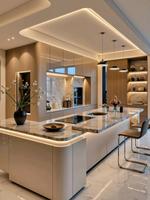 Ensemble d'armoires de cuisine de luxe en contreplaqué écologique personnalisé avec îlot en placage, mobilier de cuisine de villa, conception de modèle 3D