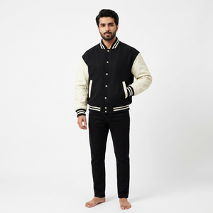 2025 OEM <b>Men's</b> Stand Collar Classic Blue Varsity Letterman Baseball College <b>Jacket</b> <b>White</b> Leather Strip Winter Heated Front - Product Image 1