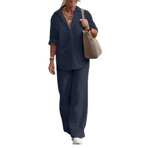 Camicia da <span class=keywords><strong>donna</strong></span> primavera e autunno a due pezzi con risvolto a manica lunga Casual <span class=keywords><strong>pantaloni</strong></span> lunghi tinta unita Set di <span class=keywords><strong>pantaloni</strong></span> larghi - Product Image 4
