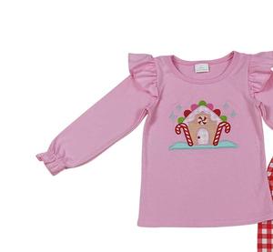 Conjuntos de ropa para niñas pequeñas de alta calidad, casa de pan de jengibre bordada, bastón, rosa caramelo, manga larga, pantalones rojos con volantes a cuadros - Product Image 4
