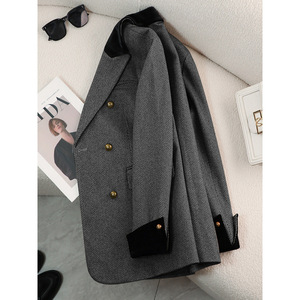 Gray Herringbone Wool Blazer Women's Thick Warm Autumn Winter Coat With Fur Collar Loose Fit Elegant Retro Style - Product Image 2