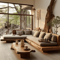 Nouveau design, best-seller : Ensemble de canapés modulables en L style Wabi Sabi, en coton et bois massif, pour hôtel, bureau, salle à manger et salon