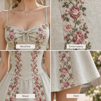 Robe mini femme ODM, broderie florale tissée, buste froncé, bretelles spaghetti, corsage corset, robe mini évasée