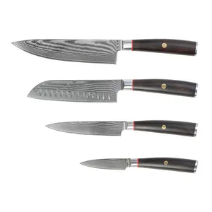 مجموعة سكاكين المطبخ الدمشقية المكونة من 4 قطع مصنوعة من الفولاذ الدمشقي 62Hrc مجموعة سكاكين الشيف المهنية للمطبخ مع مقبض خشبي Pakka