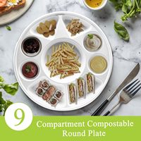 Assiette ronde en bagasse à 9 compartiments de 12,4 pouces en gros |   Assiette de service alimentaire jetable en fibre de canne à sucre écologique