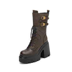 Bottes mi-<span class=keywords><strong>mollet</strong></span> en cuir véritable à semelle très épaisse <span class=keywords><strong>pour</strong></span> femme, bottes d'hiver courtes, petite taille, tendance, talon épais - Product Image 1