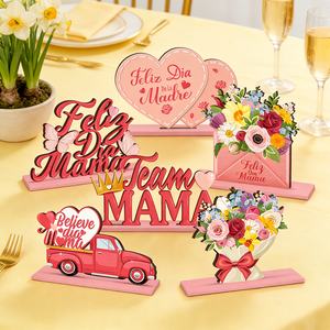 6 décorations en bois pour la fête des mères espagnoles, avec motifs floraux, papillon, camion rose et cœurs. pour les brunches printaniers et les fêtes sur la terrasse - Product Image 5