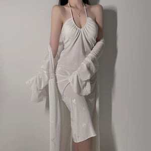 Pyjama en velours de soie de luxe léger, imprimé papillon doux, avec coussinets de poitrine, robe de nuit à bretelles, longue robe de chambre, vêtements de maison, ensemble 4775 - Product Image 2