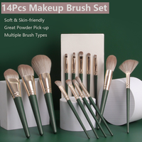 Ensemble de 14 pinceaux de maquillage Green Cloud, poils synthétiques super doux, pinceaux professionnels pour le visage et les yeux, pour les débutants et les amateurs de maquillage