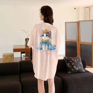 Yaoting nouveau été Satin chemise de nuit pour les femmes à manches courtes col rabattu taille élastique dessin animé motif Homewear ensemble SQ3197 - Product Image 4