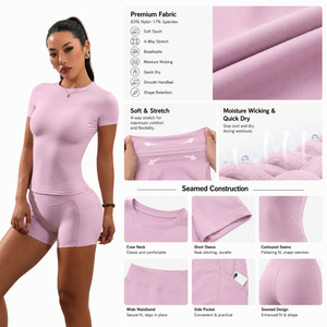 Ensemble de sport 2 pièces personnalisé avec logo pour femme : haut court de gym à manches courtes et short taille haute avec poches, tenue de yoga et de course - Product Image 5