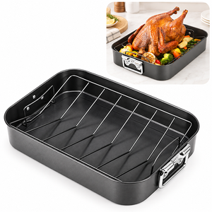 Bandeja para Asar de Acero al Carbono Antiadherente con Rejilla en V Extraíble, Asador Rectangular para Pavo con Asas para Carne y Aves - Product Image 1