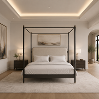 Lit plateforme minimaliste en fer forgé noir, style luxe discret et moderne, avec tête de lit à tiges, pour chambre principale
