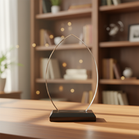 Cadeau d'entreprise, trophée en cristal avec design gravé en forme de bouclier, base noire, emballage dans une boîte cadeau