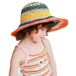 Kids Rainbow Bucket Hat Children Summer Outdoor Beach Straw Sunhat Boys Girls 8.5 CM Wide Brim Sunbonnet