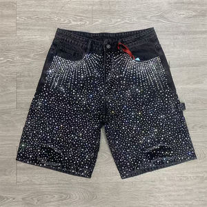 XJYD <span class=keywords><strong>Shorts</strong></span> in Denim Personalizzati da <span class=keywords><strong>Uomo</strong></span> Stile High Street con Effetto Consumato, Lavaggio Acido con Cristalli e Strass, <span class=keywords><strong>Jeans</strong></span> Corti Larghi - Product Image 1