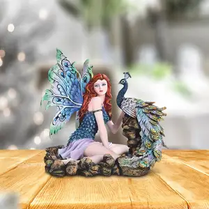 Polyresin/Resin Statue 13.25"W Fairy with Peacock Statue Fantasy Decoration Figurine Room Decor