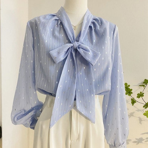 IStapromo Gifts Neck Bow Chiffon <b>Shirt</b> for Versatile Lantern Sleeve <b>Shirt</b> for <b>Women</b> With a Stylish <b>Long</b> Sleeved Top - Product Image 4