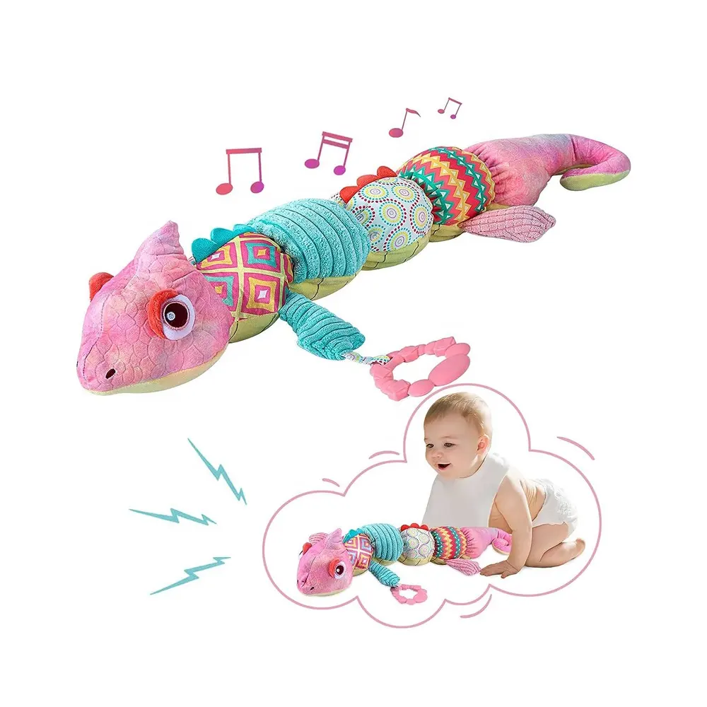 Boneka bayi mewah chameleon, mainan hewan musikal, bayi menenangkan, boneka nyaman lembut multi sensor, untuk bayi baru lahir dengan penggaris tinggi