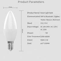 Ampoule LED intelligente Matter E14/E12 avec contrôle par application, matériau PC, utilisation hôtelière, RGB WiFi Homekit 5W