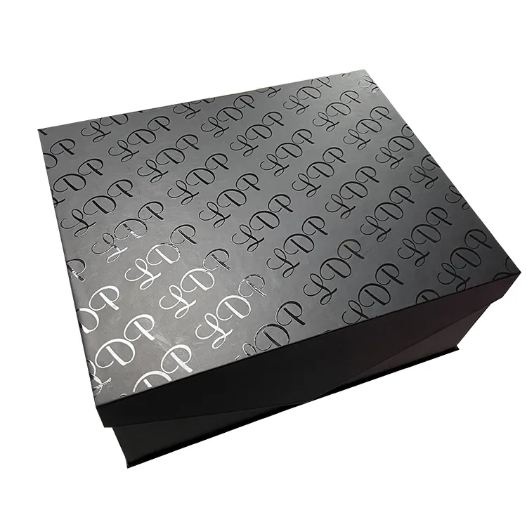 High quality all black part UV coating embossed luxury ribbon rigid box packaging with flocking insert
