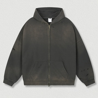 Ohsisa Manteau à capuche pour homme, Vente chaude, 420 g/m², en coton épais, avec fermeture éclair, manches longues, effet délavé et déchiré, coupe ample, couleur unie