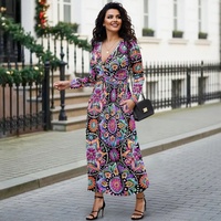 Robe longue ample à taille élastique, manches longues, imprimé floral mandala ethnique, ourlet évasé, coupe trapèze, pour femme, idéale pour les voyages et la plage, avec poches