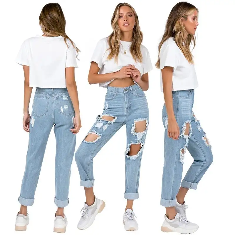 Celana Boyfriend Pinggang Tinggi Wanita Baru 2022 Toptan Orjinal Marka Cott Pantolonlar Biru Lebar Kaki Lurus Wanita Baggy Ripped Jeans