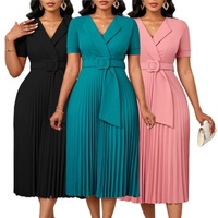 Nouvelle Robe Plissée Tendance pour Femme Col Revers Manches Mi-Longues Ceinturée Robe Trapèze Printemps Été Robe Habillée Formelle Taille Haute pour Dame de Bureau
